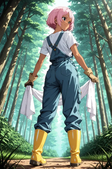 1 girl,solo,beautiful japanese,girl,black eyes,tanned skin,pink hair,short hair,masterpiece,general,highres, ultra-detailed,very aesthetic,best quality ,best hands,best eyes,perfect anatomy,anime coloring,newest,easynegative,BREAK,overalls, white T-shirt, ...