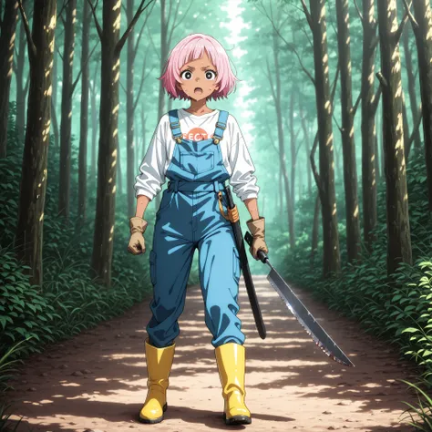 1 girl,solo,beautiful japanese,girl,black eyes,tanned skin,pink hair,short hair,masterpiece,general,highres, ultra-detailed,very aesthetic,best quality ,best hands,best eyes,perfect anatomy,anime coloring,newest,easynegative,BREAK,overalls, white T-shirt,l...