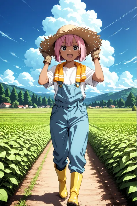 1 girl,solo,beautiful japanese,girl,cute,kawaii,black eyes,tanned skin,pink hair,short hair,masterpiece,general,highres, ultra-detailed,very aesthetic,best quality ,best hands,best eyes,perfect anatomy,anime coloring,newest,easynegative,BREAK,overalls,snea...
