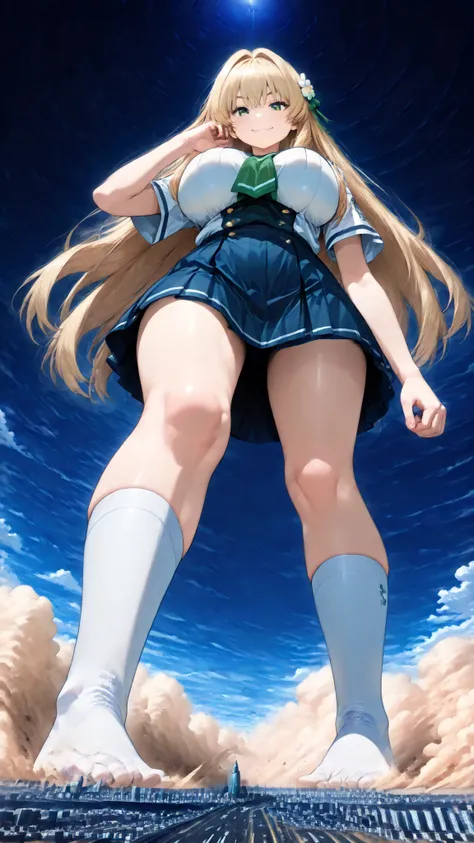 ((face lying on the ground super close hand closest big boobs close)), 1girl, solo, (very super big boobs, A woman's moisturized body, beautiful skin, Rin々Shikumo has a cute smile, Smile), (((super yotta over size giantess:1.4))), ((An extremely detailed u...