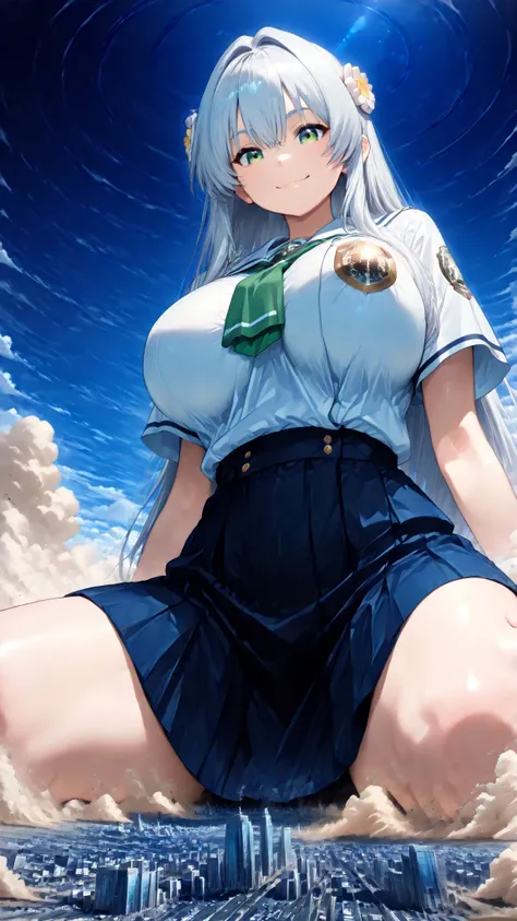((face lying on the ground super close hand closest big boobs close)), 1girl, solo, (very super big boobs, A woman's moisturized body, beautiful skin, Rin々Shikumo has a cute smile, Smile), (((super yotta over size giantess:1.4))), ((An extremely detailed u...