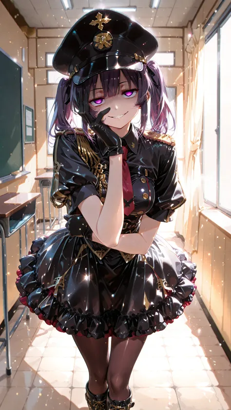 1 young beautiful woman, solo, (incredible high resolution, masterpiece, top quality, highly detailed, CG, high quality anime drawing), (black and gold theme, gothic dress, black military top, black collared sundress, black multi-layered skirt with red frills, black peaked cap, short sleeves, bishop sleeves, gold epaulets, gold aiguillettes, black gloves, lace, elaborate gold embroidery, dark brown pantyhose, laced military boots, red tie, red line on dress), (twintails, purple hair, glowing purple eyes, jitome:1.2, crazy eyes, shadowed face, beautiful legs, perfect female proportions, ideally proportioned body proportions, attractive proportions,), (evil smile, hand on own face, chuunibyou pose,), (foreshortening, cinematic lighting, dark atmosphere, pitch black classroom, looking away)