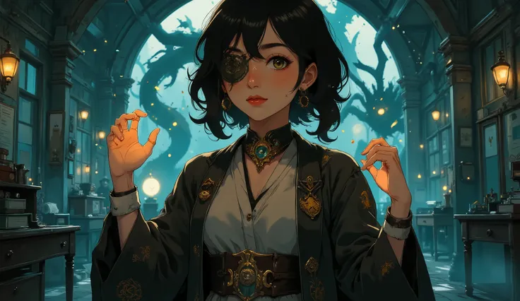 anime style,Anime art,A dramatic teenager with a vivid imagination, posing as if she were casting a forbidden spell, an eye covered with a peephole eye patch, wearing a personalized school uniform with dark capes and glowing runes. Her hands are raised dra...