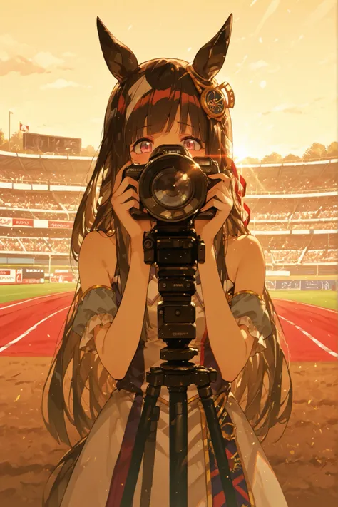 chrono genesis (umamusume), in the midst of a lively racetrack crowd under bright daylight, passionately photographing with a large telephoto lens camera, her elegant figure standing tall with a focused and excited expression, the bustling crowd and horses...