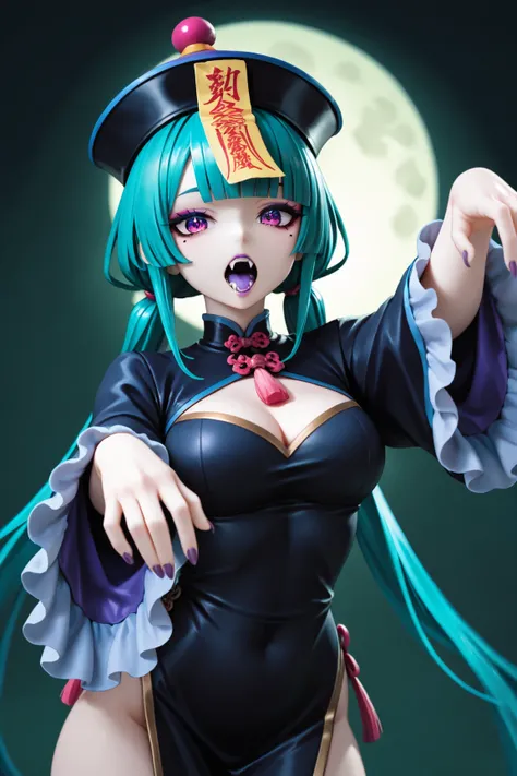masterpiece,best quality,good quality,
1girl,breasts,solo,open mouth,ofuda,cleavage,purple nails,hat,jiangshi,twintails,looking at viewer,cleavage cutout,purple tongue,mole,purple eyes,dress,zombie pose,black headwear,mole under eye,clothing cutout,fangs,outstretched arms,chinese clothes,teeth,upper body,long hair,green hair,long sleeves,talisman,qingdai guanmao,green background,black dress,nail polish,colored tongue,fingernails,makeup,moon,purple lips,eyeshadow,blunt bangs,aqua hair,frilled sleeves,tongue,wide sleeves,medium breasts,