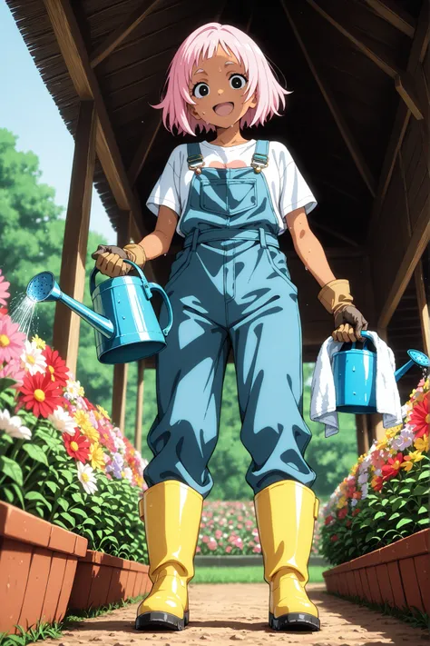 1 girl,solo,beautiful japanese,girl,black eyes,tanned skin,pink hair,short hair,masterpiece,general,highres, ultra-detailed,very aesthetic,best quality ,best hands,best eyes,perfect anatomy,anime coloring,newest,easynegative,BREAK,overalls, white T-shirt, ...