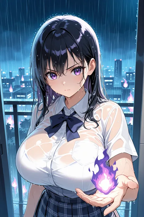 A little school girl, solo, black hair, wet hair, purple eyes, white shirt, plaid skirt, super huge breasts, serious expression, reaching out one hand, Purple fire in her hand, strong rain, night cityscape