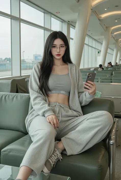 (((Masterpiece, ultra detailed, ultra quality, 8K, Photo-realistic))), A stylish Asian young woman sits in a modern airport terminal. ((Wearing an oversized light gray hoodie with the hood pulled up, loose gray sweatpants, and a gray Calvin Klein sports br...
