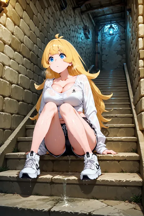 large breasts,round breasts, breasts together, cleavage,,Suchwet,HimesamaHime, blue eyes, long hair, blunt bangs, sidelocks,blonde hair,wearing streetwear and sneakers, sitting on stairs of the dungeon, atmospheric, 