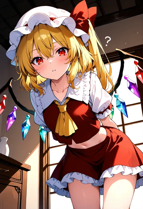 top_quality, super_high_quality, delicate_drawing, flat_anime_style, nsfw, look_at_view, low_angle, close_angle, 1girl,vcool, flanN, Flandre_Scarlet_Touhou, blonde_hair, side_ponytail, red_eyes, hair_bow, red_bow, hair_between_eyes, slit_pupils, white_head...