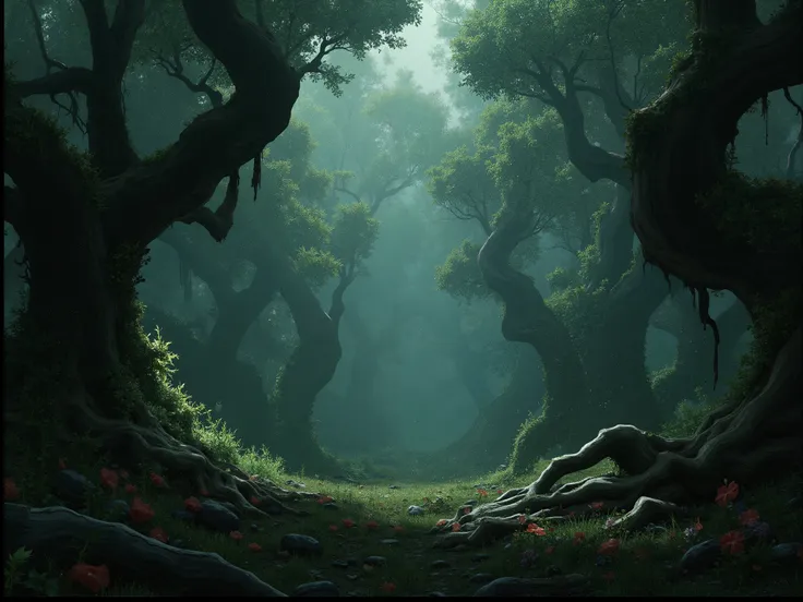 Goth style, woods, beautiful flowers, light, daylight,  scary, nobody there, empty center, old trees, centre in middle