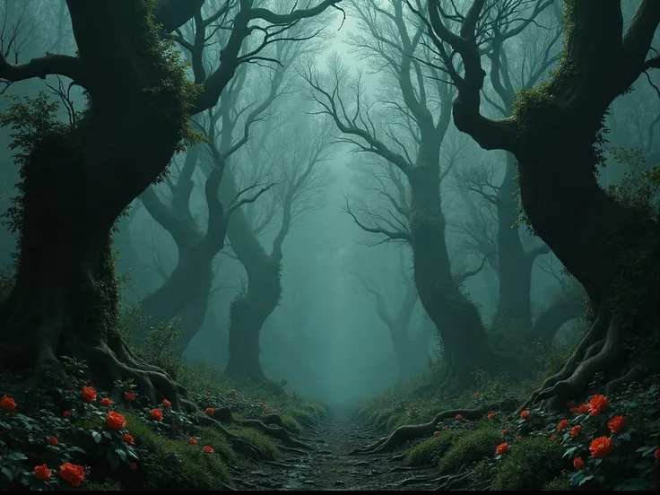 Goth style, woods, beautiful flowers, light, daylight,  scary, nobody there, empty center, old trees
