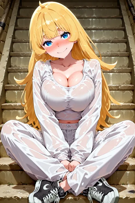 impish smile,nose blush,head tilt,large breasts,round breasts, breasts together, cleavage,,Suchwet,HimesamaHime, blue eyes, long hair, blunt bangs, sidelocks,blonde hair,wearing streetwear and sneakers, sitting on stairs of the dungeon, atmospheric, 