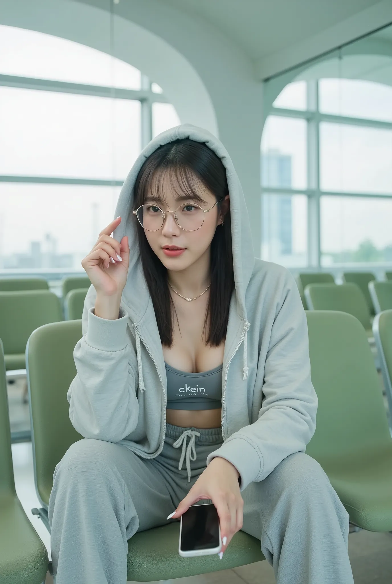 (((Masterpiece, ultra detailed, ultra quality, 8K, Photo-realistic))), A stylish Chinese young woman sits in a modern airport terminal. (((Wearing an oversized light gray hoodie with the hood pulled up, loose gray sweatpants, and a gray Calvin Klein sports...