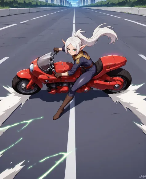 slide anime image of a woman, sliding on her big red motorcycle along the road, Ak,nereirfpnxl, freeze, elf, pointy ears, green eyes, white hair, two-tailed 
