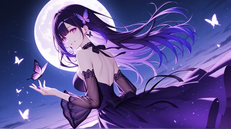 smiling、moon、Beautiful Eyes、 dark hair、Blue-purple hair、gradient color hair、、adult female、dress、Sheer sleeves 、butterfly、earrings,Beautiful fingertips、Bewitching