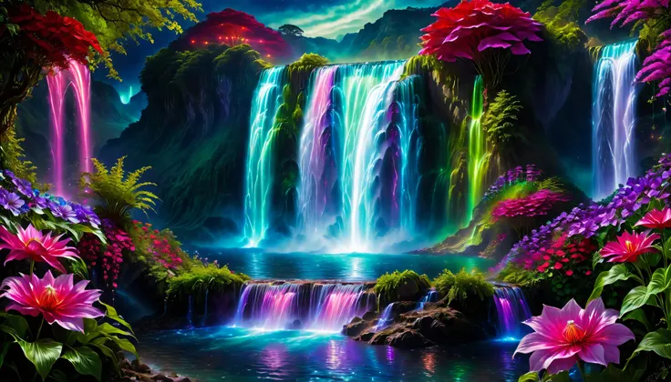 Shiny purple |Pink|blue waterfall amongst strange magic flowers, At night, glowing fairy lights , magic, High quality fairyland waterfall, Realistic Water, ripple, 8k,(A mysterious and majestic large waterfall that can be seen behind:1.5),landscape photo...
