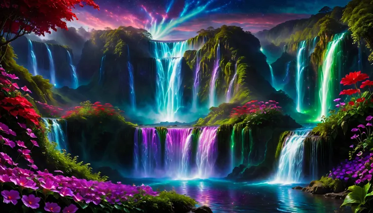Shiny purple |Pink|blue waterfall amongst strange magic flowers, At night, glowing fairy lights , magic, High quality fairyland waterfall, Realistic Water, ripple, 8k,(A mysterious and majestic large waterfall that can be seen behind:1.5),landscape photo...