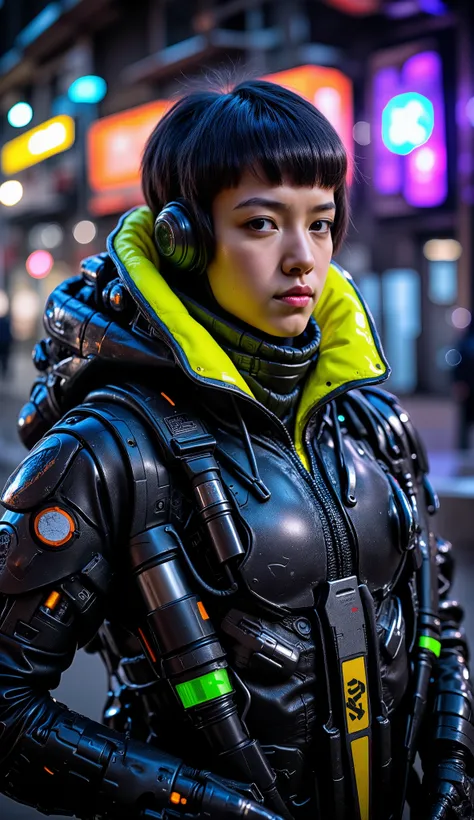 High Definition, 最High Quality, ultra High Definition, HD model, textured skin, detailed depiction during the meal, High Quality, ANDROID BEAUTY SOLDIER,cyberpunk suit,dark haired, Bobcut Shorthair , Future City ,, , ile Yan,