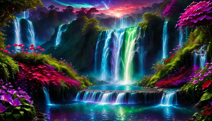 Shiny purple |Pink|blue waterfall amongst strange magic flowers, At night, glowing fairy lights , magic, High quality fairyland waterfall, Realistic Water, ripple, 8k,(A mysterious and majestic large waterfall that can be seen behind:1.5),landscape photos ...