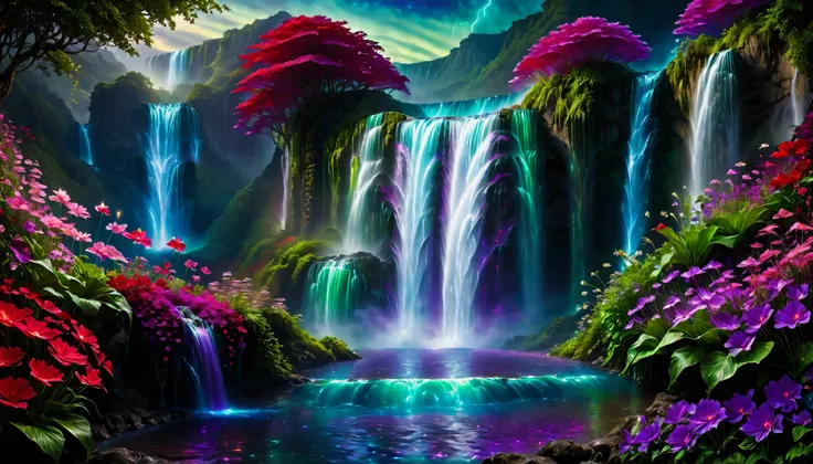 Shiny purple |Pink|blue waterfall amongst strange magic flowers, At night, glowing fairy lights , magic, High quality fairyland waterfall, Realistic Water, ripple, 8k,(A mysterious and majestic large waterfall that can be seen behind:1.5),landscape photos ...