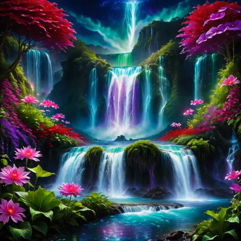 Shiny purple |Pink|blue waterfall amongst strange magic flowers, At night, glowing fairy lights , magic, High quality fairyland waterfall, Realistic Water, ripple, 8k,(A mysterious and majestic large waterfall that can be seen behind:1.5),landscape photos ...