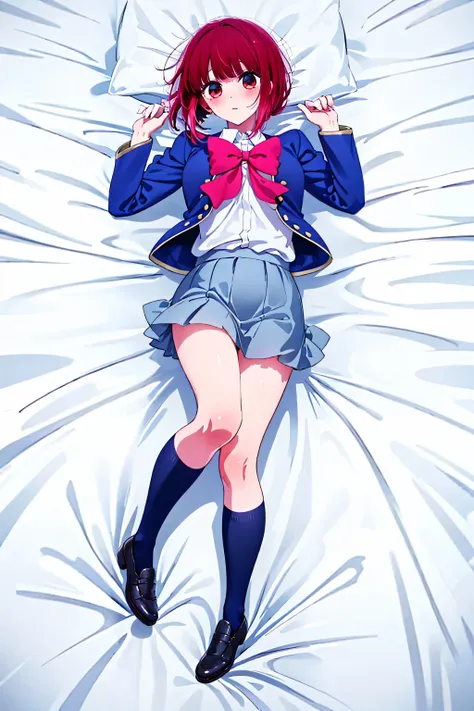 1 person, Arima, high school students, best styles, 8 heads, pretty face, grey miniskirt, black socks, school uniform, white sheets, Lie on your back, embarrassing, Red cheeks, Seducing Men, Full Body