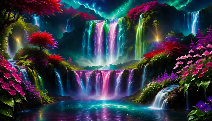 Shiny purple |Pink|blue waterfall amongst strange magic flowers, At night, glowing fairy lights , magic, High quality fairyland waterfall, Realistic Water, ripple, 8k,(A mysterious and majestic large waterfall that can be seen behind:1.5),landscape photos ...