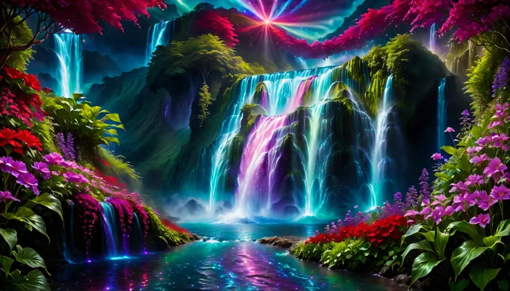 Shiny purple |Pink|blue waterfall amongst strange magic flowers, At night, glowing fairy lights , magic, High quality fairyland waterfall, Realistic Water, ripple, 8k,(A mysterious and majestic large waterfall that can be seen behind:1.5),landscape photos ...