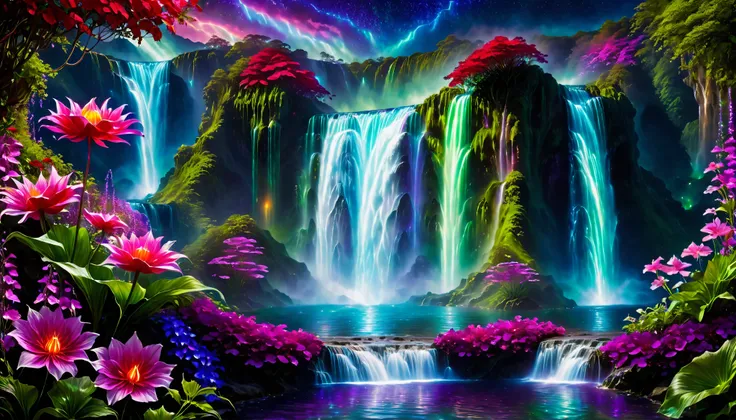 Shiny purple |Pink|blue waterfall amongst strange magic flowers, At night, glowing fairy lights , magic, High quality fairyland waterfall, Realistic Water, ripple, 8k,(A mysterious and majestic large waterfall that can be seen behind:1.5),landscape photos ...
