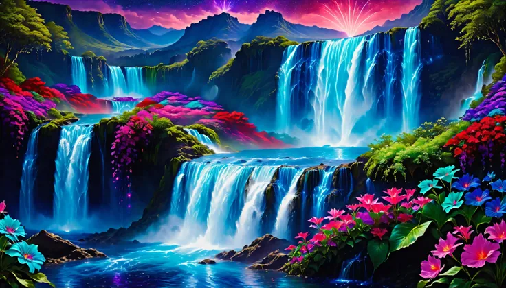 Shiny purple |Pink|blue waterfall amongst strange magic flowers, At night, glowing fairy lights , magic, High quality fairyland waterfall, Realistic Water, ripple, 8k,(A mysterious and majestic large waterfall that can be seen behind:1.5),landscape photos ...
