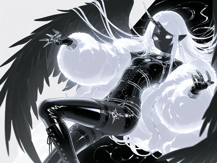 The girl is a fallen Seraph. Her long straight hair is jet black, highlighted with white strands,half bangs ower her eyes. her eyes are dark black with white crosses pupils.  She has black-grey skin and pointed ears. on her skin she has a tattoo of the sil...