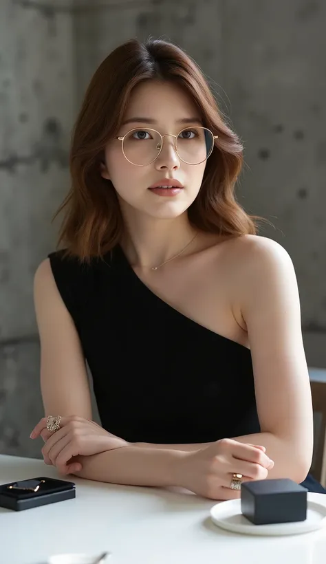 Hyper-detailed fashion editorial portrait, cinematic 4K quality, young professional woman, early 30s, alabaster skin, chestnut brown hair styled in loose waves, wearing a sculptural black sleeveless top details and architectural neckline. She's poised over...