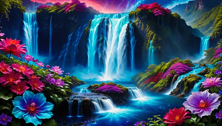Shiny purple |Pink|blue waterfall amongst strange magic flowers, At night, glowing fairy lights , magic, High quality fairyland waterfall, Realistic Water, ripple, 8k,(A mysterious and majestic large waterfall that can be seen behind:1.5),landscape photos ...