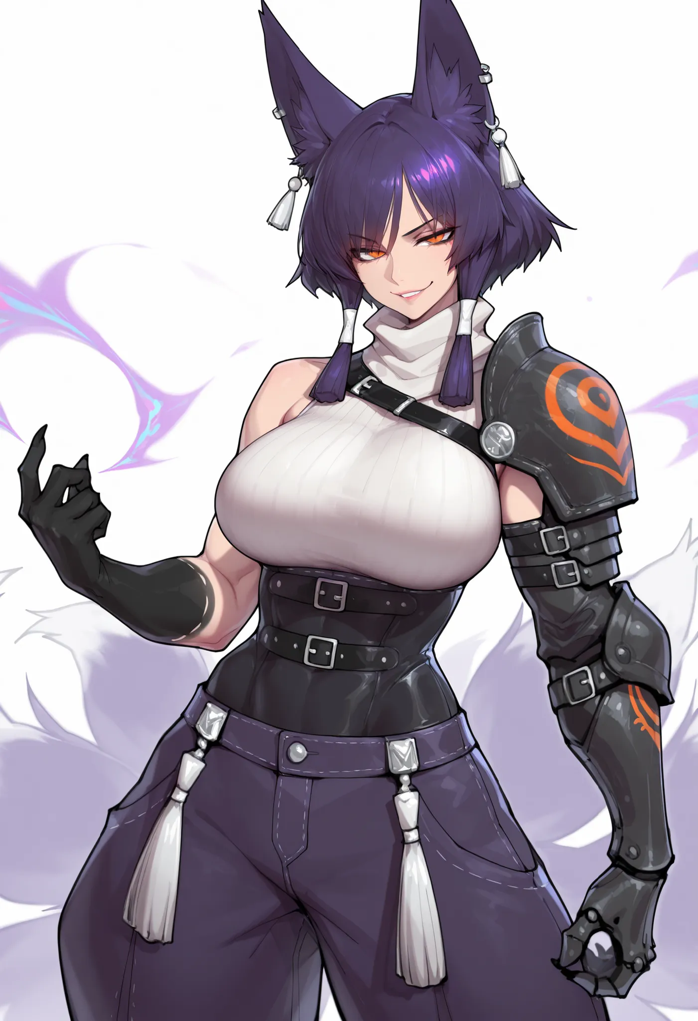 gorgeous kitsune girl, beautiful face, kitsune, hair of ash-purple color, beautiful woman, orange eyes, slit pupils, volputrous body, toned woman, curvy and athletic, fox ears, short hair, white ribbed sleeveless sweater, leather underbust, chest belt, bug...