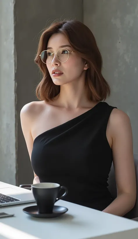 Hyper-detailed fashion editorial portrait, cinematic 4K quality, young professional woman, early 30s, alabaster skin, chestnut brown hair styled in loose waves, wearing a sculptural black sleeveless top details and architectural neckline. She's poised over...