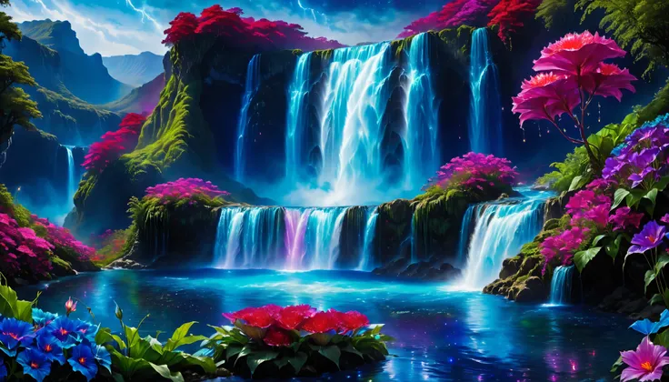 Shiny purple |Pink|blue waterfall amongst strange magic flowers, At night, glowing fairy lights , magic, High quality fairyland waterfall, Realistic Water, ripple, 8k,(A mysterious and majestic large waterfall that can be seen behind:1.5),landscape photos ...