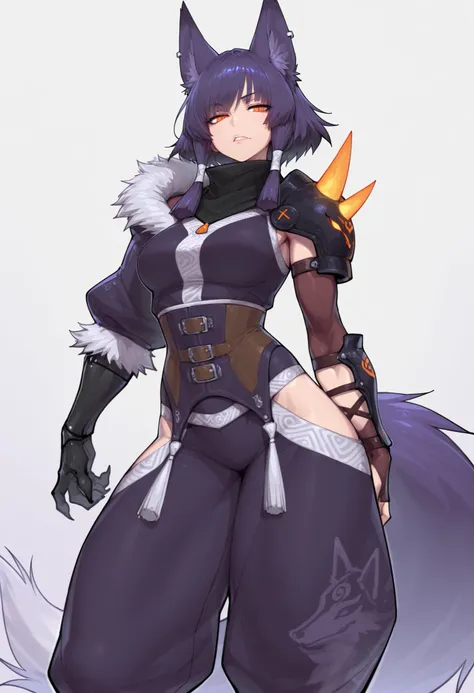 gorgeous kitsune girl, beautiful face, kitsune, hair of ash-purple color, beautiful woman, orange eyes, slit pupils, volputrous body, toned woman, curvy and athletic, fox ears, short hair, dark adventurer jacket, buggy pants, single pauldron, single vambra...