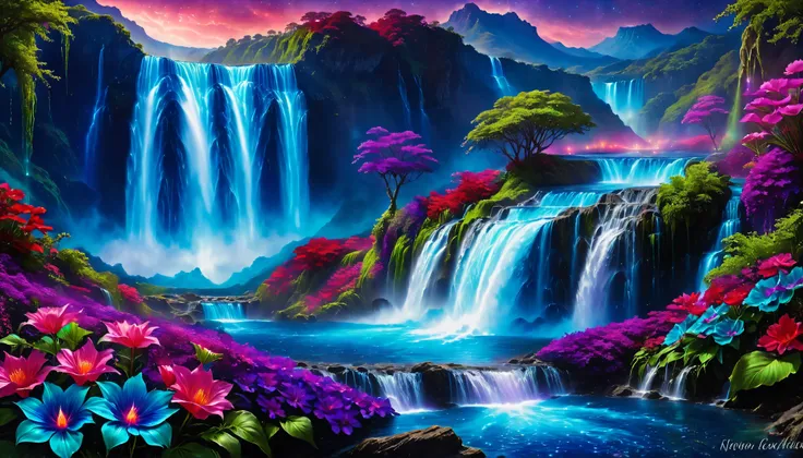 Shiny purple |Pink|blue waterfall amongst strange magic flowers, At night, glowing fairy lights , magic, High quality fairyland waterfall, Realistic Water, ripple, 8k,(A mysterious and majestic large waterfall that can be seen behind:1.5),landscape photos ...