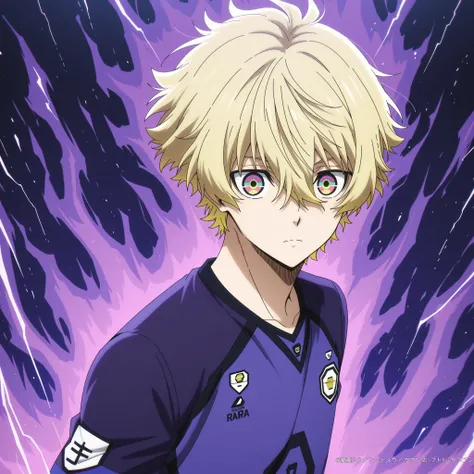 blue_lock_style,anime boy, soccer uniform , blond hair ,Golden highlights, multicolored eyes , aura  Hollow Purple