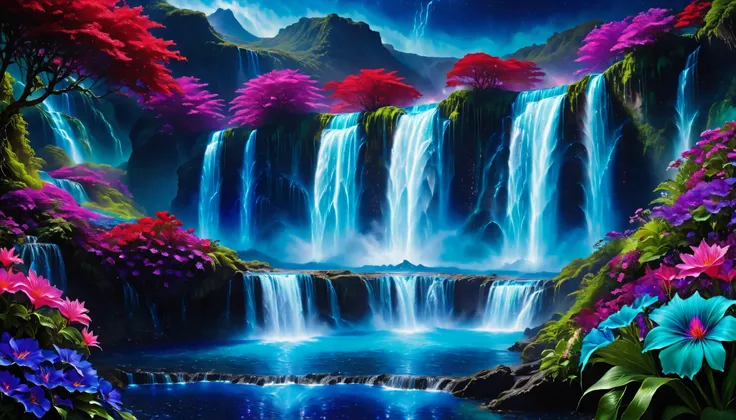 Shiny purple |Pink|blue waterfall amongst strange magic flowers, At night, glowing fairy lights , magic, High quality fairyland waterfall, Realistic Water, ripple, 8k,(A mysterious and majestic large waterfall that can be seen behind:1.5),landscape photos ...