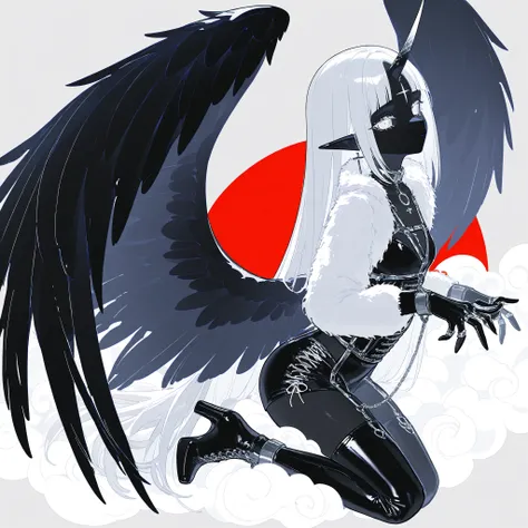 The girl is a fallen Seraph. Her long straight hair is jet black, highlighted with white strands,half bangs ower her eyes. her eyes are dark black with white crosses pupils.  She has black-grey skin and pointed ears. on her skin she has a tattoo of the sil...