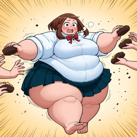 solo,
Ochako uraraka, 1girl, brown hair, ,brown eyes,
large breasts,white shirt,red bow,sleeves rolled up,pleated_skirt,BREAK, tones of food,
rush with food,food rush,multiple hands with food, multiple food,,hands with food,(motion_blur:1.2),(motion line:1...