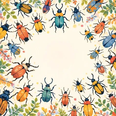 Pastel colors wallpaper, full of colourful beetles pattern, empty center 