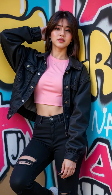 a beautiful indonesian woman, posing cool looking at the camera in the corner area of ​​the graffiti wall. She is wearing a pink crop top, an open black denim jacket, ripped black jeans, and white shoes. Her hair is neat and her arms are posing, her face e...