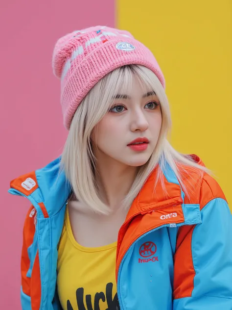 8k, masterpiece, half view , fashion photography ,dynamic posture, Pretty girl wearing a long shirt, , , , , straight white hair and bangs, White skin, bright blue eyes with pink and blue eyeshadow, nude lips, wearing a bright outfit, , , , a colorful jack...