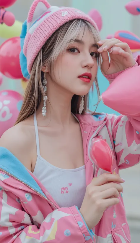 8k, masterpiece, half view , fashion photography ,dynamic posture, Pretty girl wearing a long shirt, , , , , straight white hair and bangs, White skin, bright blue eyes with pink and blue eyeshadow, nude lips, wearing a bright outfit, , , , a colorful jack...