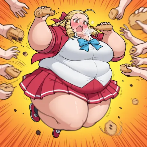 solo,
Kanzuki karin,1girl, blond hair, ,brown eyes, drill hair, , ,
large breasts,white shirt,red bow,sleeves rolled up,pleated_skirt,BREAK, tones of food,
rush with food,food rush,multiple hands with food, multiple food,,hands with food,(motion_blur:1.2),...