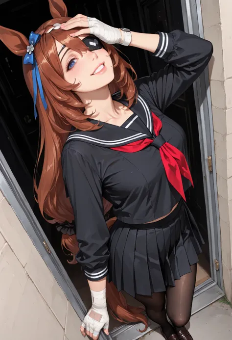 (masterpiece, best quality, perfect face:1.4), wide angle, super creek \(umamusume\), horse ears, ear ornament, horse tail, tail on the lower back, proportional body, proportional, beautiful hair, beautiful face, beautiful detailed eyes, beautiful clavicle...