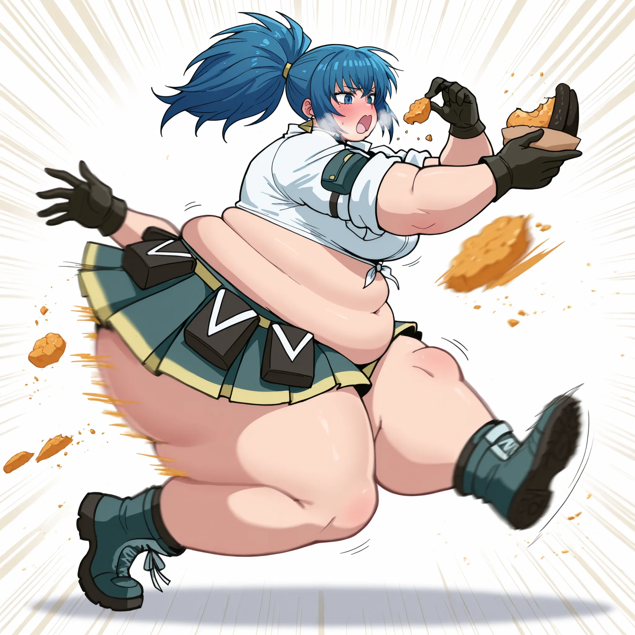 solo,
leona heidern,1girl, blue hair, ,blue eyes, ponytail, , from side,
large breasts,white shirt,red bow,sleeves rolled up,pleated_skirt,BREAK, tones of food,
rush with food,food rush,multiple hands with food, multiple food,,hands with food,(motion_blur:...
